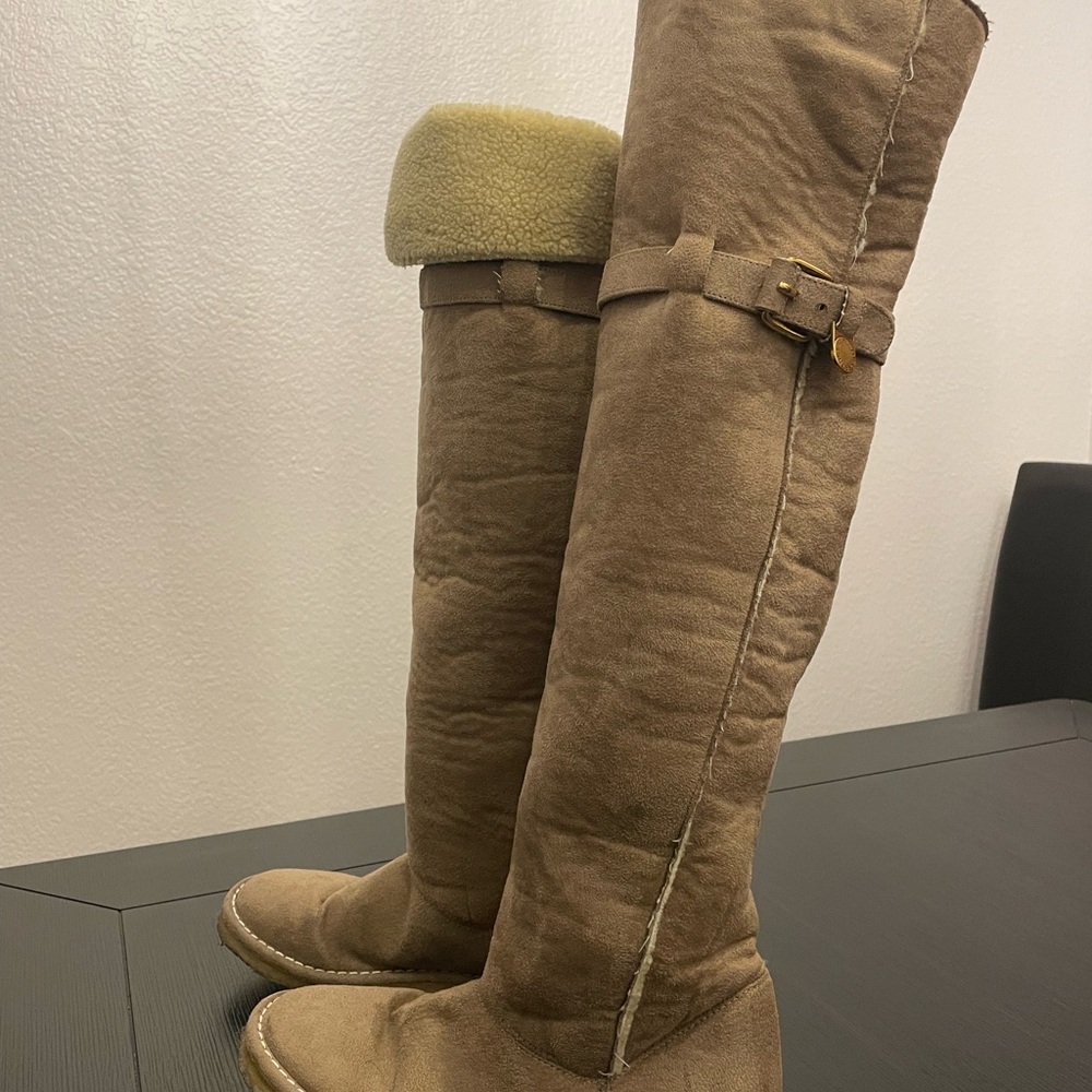Stella McCartney Vegan Suede Shearling Beige Over the Knee Boots Sz 5